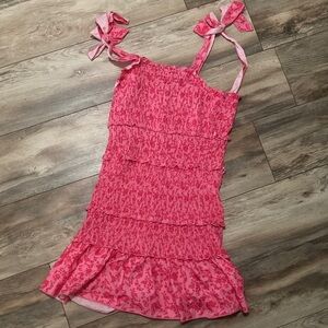 SHEIN Ruched Rulled Layered Pink Floral Mini Dress Adjust Tie Straps Size L